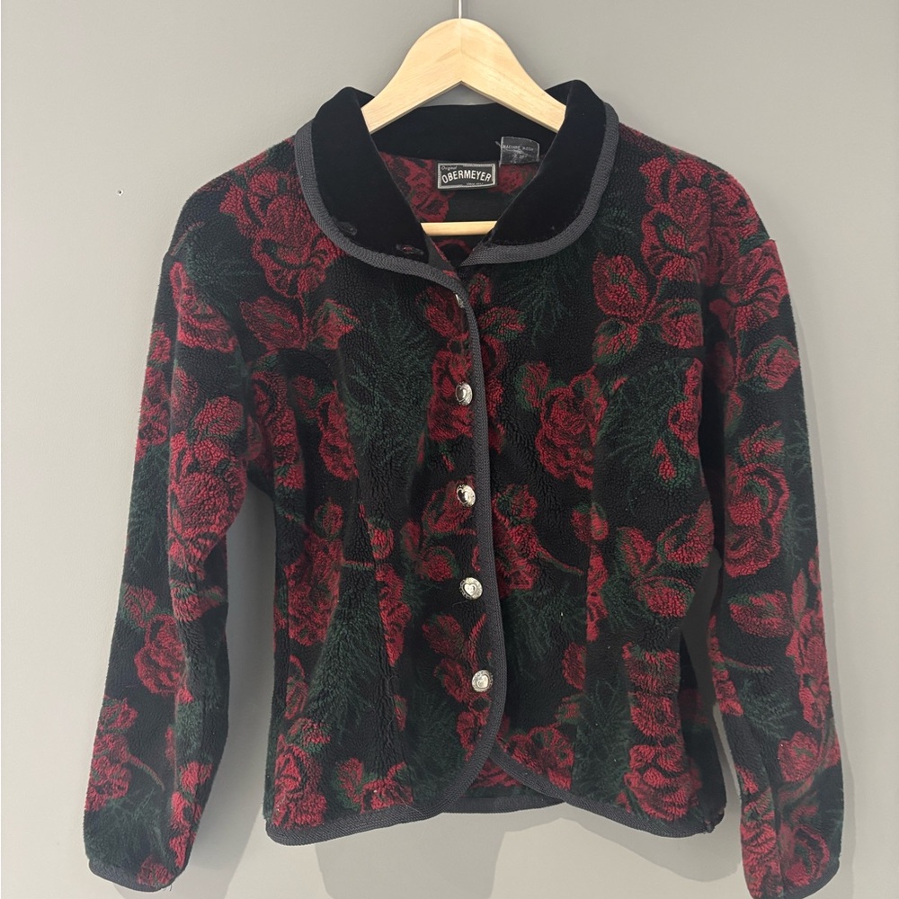 RARE Obermeyer Floral Women's Fleece Jacket Black and Red | Size Medium